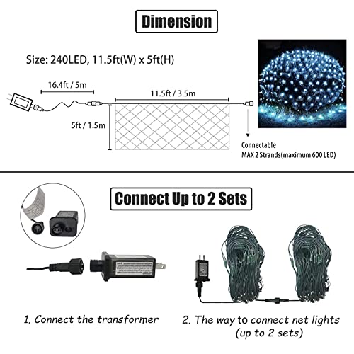 Solar Net Lights Outdoor, 240 Led Cool White Mesh Lights Waterproof, 2 Power Supply 11.5Ft X 5Ft 8 Modes Green Wire String Lights With Remote For Bushes Trees Patio Garden Shrubs Indoor Decoration #TOP5