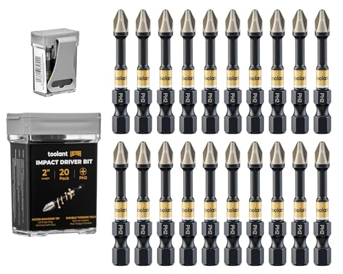 Image of toolant PH2 Phillips Impact Bit Set, 2 Inch, 20-Piece, Magnetic | S2 tool steel construction, precision-machined tips, anti-slip profile, magnetic retention, impact-driver use