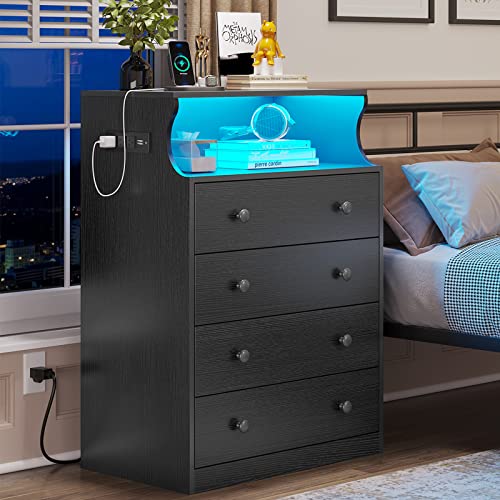 Hasuit 4 Drawer Dresser With Led Lights And Charging Station, Chest Of Drawers With Open Shelves, Modern Large Capacity Storage Cabinet, Dresser For Bedroom, Living Room, Hallway #TOP26