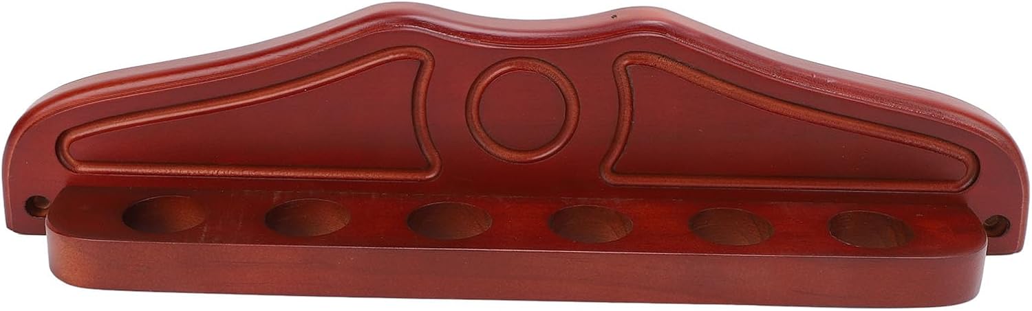 Wall Mounted Pool Stick Rack, 6 - Hole Wood Billiards Cue Holder, Wine Red Wall Mount Organizer for Game Room Club Home with Solid Wood Base and Screw Set