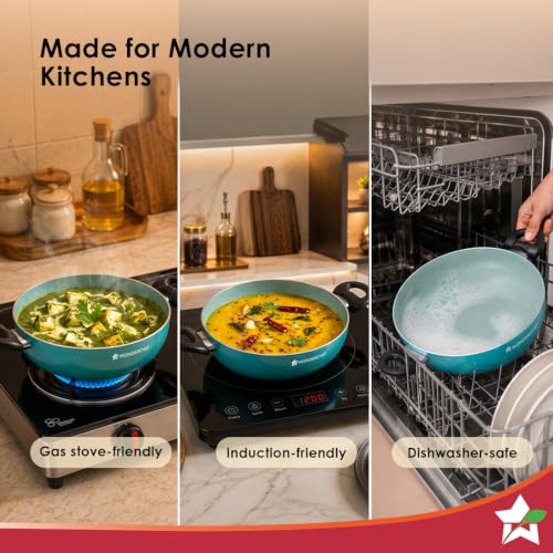 Image of Wonderchef Vitalife Non-Stick Kadhai & Glass Lid for Kitchen, 20cm, 1.4 L, Non-Toxic Coating, PFOA-Free, Cool-Touch Handles, Scratch-Resistant, Gas & Induction Compatible, 2-Yr Warranty, Teal Green