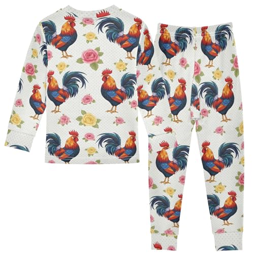 Pajama Sets Long Sleeve Rooster and Roses Pattern Soft Comfy Sleepwear 2 Piece PJS 3-8T3