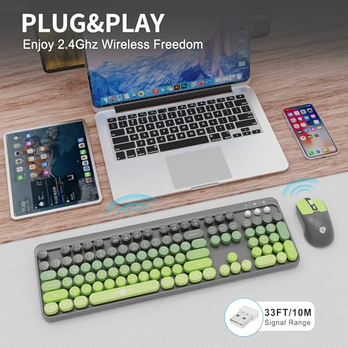 Image of FOPETT Wireless Keyboard and Mouse Combo, 104 Keys Full-Sized 2.4 GHz Round Keycap Colorful Keyboards, USB Receiver Plug and Play, for Windows, Mac, PC, Laptop, Desktop (GreyGreen)