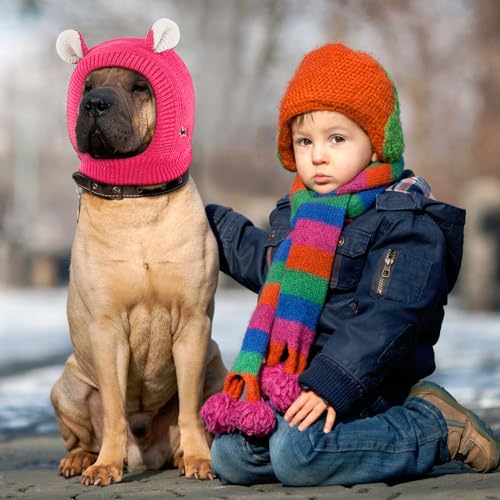 Image of Frienda Dog Ear Muffs Noise Protection, Neck 14.96 Inch Fits Medium Dogs, Knitted Calming Hood for Dogs, Fireworks Thunder Anxiety Relief, Fleece Inner Warm Beanie Hat(Rose Red)