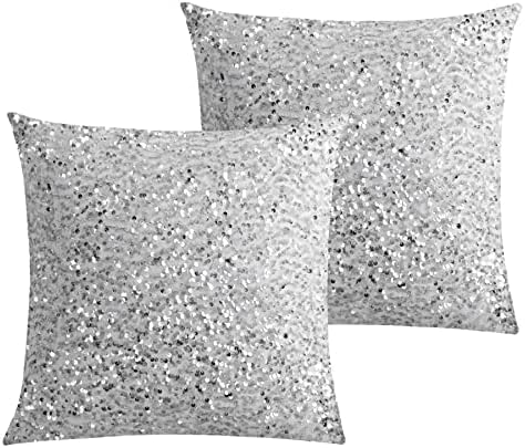 LIGICKY Set of 2 Silver White Glitzy Sequin Throw Pillow Covers Sparkling Decorative Gilter Metallic Square Cushion Cover Glam Pillow Cases for Sofa Couch Bedroom Home Party Decor (18 x 18 Inches)