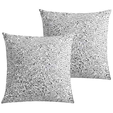 LIGICKY Set of 2 Silver White Glitzy Sequin Throw Pillow Covers Sparkling Decorative Gilter Metallic Square Cushion Cover Glam Pillow Cases for Sofa Couch Bedroom Home Party Decor (20 x 20 Inches) Cover