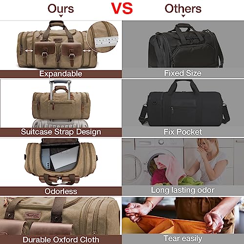 Image of Wildroad 60L Travel Duffel Bag, Expandable Canvas Genuine Leather Duffle Bag Upgraded Overnight Weekender Bag Carry on Bag (Coffee, X Large-60L)