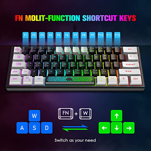 Mini 60% Teclado para Juegos, Mechanical Feel USB Cable Teclado Gaming, RGB Chroma Rainbow Retroiluminado, Compacto 62 Teclas de Colores Mezclados en Negro y Blanco, QWERTY Layout para PC Mac Laptop - imagen 8