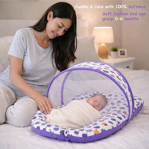 Image of Fareto Combo of Baby Bed with Net | Carry Bag | 4 Pcs Bedding Set (0-6 Months, Baby Size, Cotton) (Purpal)