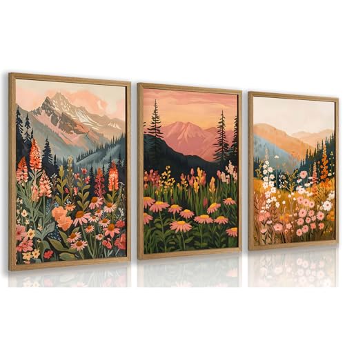 Cyebmo Wood Framed Mountain Wildflower Wall Art Set of 3, Sunset Mountain Nature Wall Decor, Colorful Floral Landscape Canvas Prints, Rustic Botanical Artwork for Bedroom Living Room Office 12x16 Inch