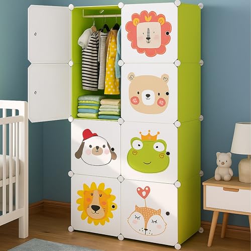 Image of AYSIS Kids Plastic Collapsible Wardrobe Organizer for Storage | Cute Cartoon Design | Heavy Duty Cloth Organizer for Storage | Easy to Assemble | Perfect for Kids Room & Home | Green