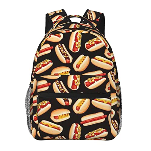 Sac à dos de voyage noir Fun Food Hot Dogs imprimé grand format