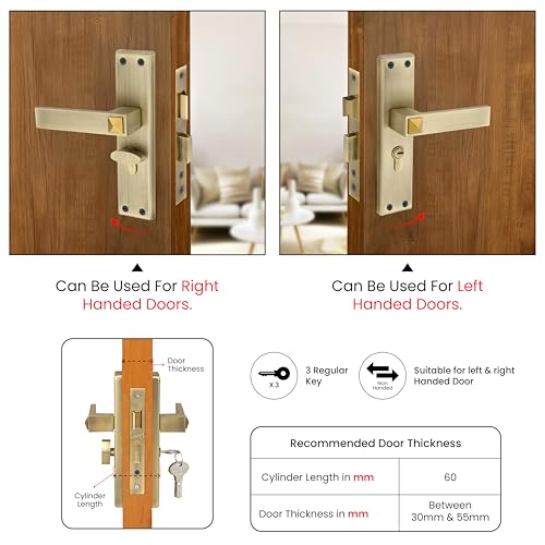 Image of LAPO Mortise Door Lock for Home Main Door & Bedroom with Handle, 3 Brass Keys, Left-Right Fit 30-50mm Door Home Office Hotel, 45x45mm Body, Heavy-Duty 60mm Cylinder | Antique Finish | CY-132