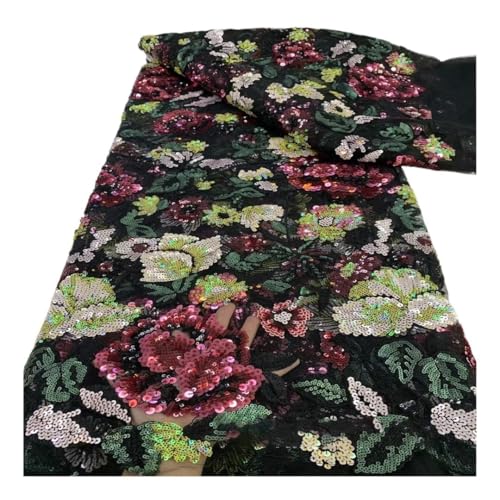 Dentelle brodée haute densité à paillettes empilées multicolores tissu noir pour robe de scène
