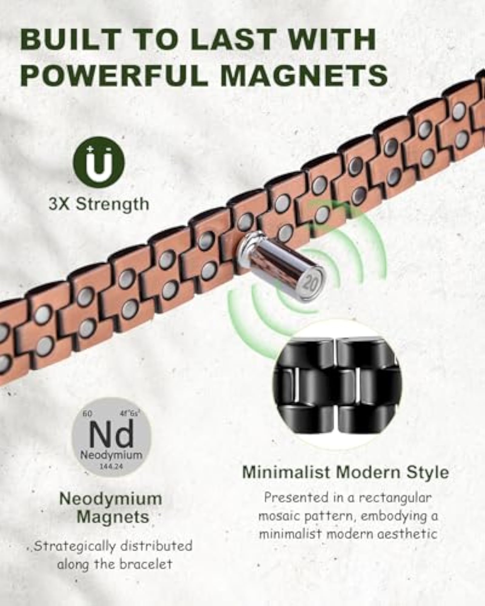 Men's Copper Magnetic Bracelets, 99.9% Pure Copper with Double-Row Magnets