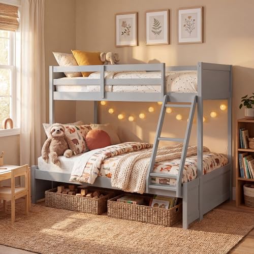 KOMFOTT Twin Over Full Bunk Bed, Pine Bed Frame with 3-Step Ladder, Full-Length Guardrails & 21...
