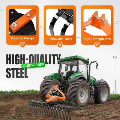Image of KUAFU 50 inch 3 Point Landscape Rock Rake for Category-0 Cat-0 Tractor with