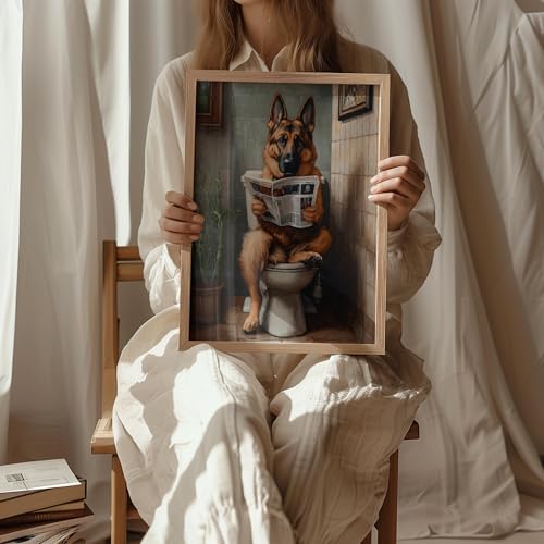 Image of German Shepherd on Toilet Wood Framed Wall Art Print Poster, Dog Bathroom Humor Decor Posters Prints for Restroom Home Picture Painting Artwork Gallery 7 (German Shepherd, 11 inchW x 14 inchL, Wood Frame)