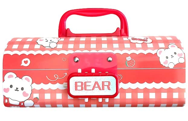 MANAKI ENTERPRISEMANAKI ENTERPRISE Plastic Pen & Pencil Box, Suitcase Style Password Lock Case, Multi-Layer Organizer for Kids, Boys, Girls - Return Gift (Bear Red)