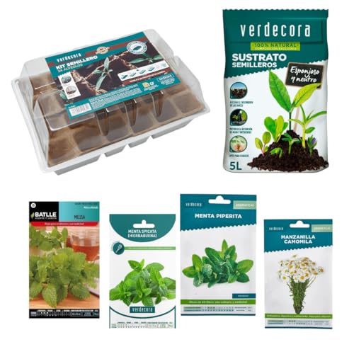 verdecora Kit de Cultivo para Tés e Infusiones | Incluye Semillero 24 Alveolos + Sustrato Semilleros 5L + 4 Sobres de Semillas (Menta, Manzanilla, Hierbabuena, Melisa)