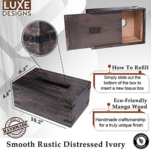 Luxe Designs Decorative Rectangular Wooden Tissue Dispenser with Slide-Out Bottom - Rustic Mango Wood Tissue Box Cover for Bathroom, Car, or Office Desk - 6.4 x 10.2 x 4.5 Inches, Dark Burnt