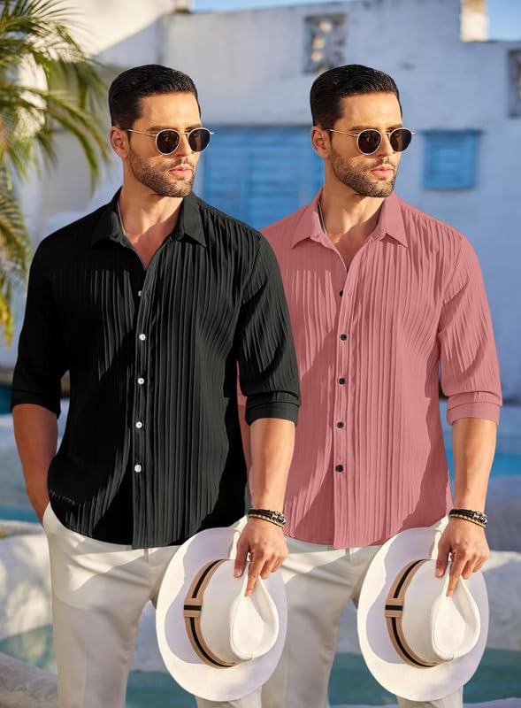 Image of FINIVO FASHION Men's Cotton Blend Shirt Set Lightweight, Full Sleeves, Plain Texture, Button Closure, Summer Ready (Pack of 2)
