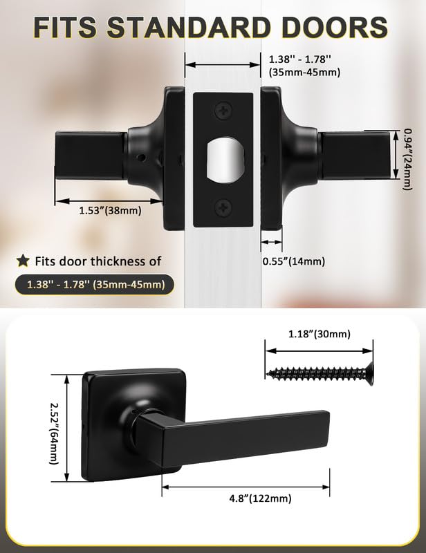 Mengico Paquete de 1 manija de puerta de paso interior color negro mate, mango resistente sin bloqueo para puertas de armario y pasillo, reversible para juegos de palancas laterales derecho e