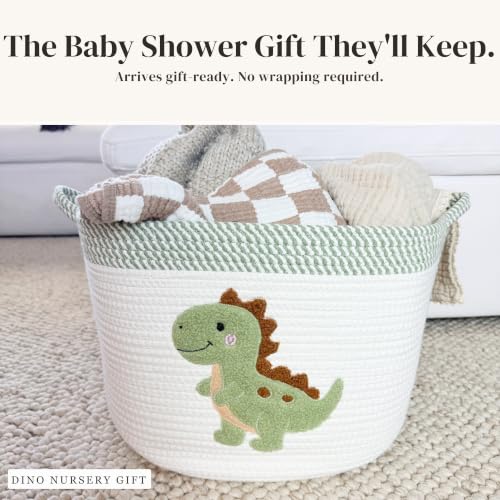 Image of Dinosaur Baby Storage Basket, Woven Cotton Rope Nursery Bin, 15x11 in | Stuffed Animal and Blanket Storage, Soft Felt Dinosaur Patch, Baby Nursery Decor, Baby Shower, Kids Playroom Organizer