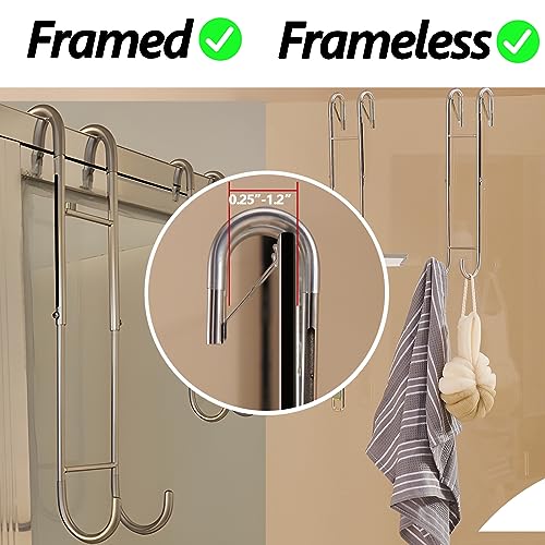 Shower Door Towel Hooks - 9"~13" Length Adjustable Hook For Framed & Frameless Over The Door Glass, Squeegee Holder, Towels Hanger For Bath Suits Rozer Robes Loofahs Shavers, 2-Pack Silver #TOP1