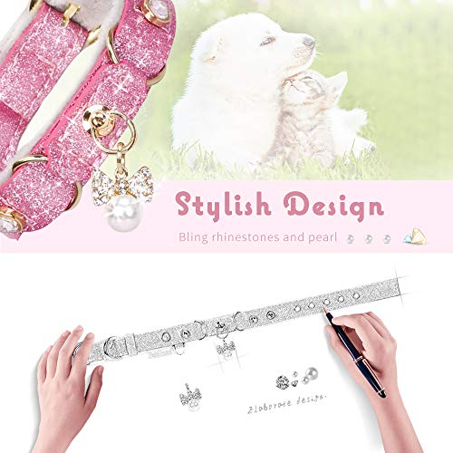Image of Cat Collar, Dog Collar, [Bling Rhinestones] PU Leather Adjustable Pet Collar with Luxury Pendant for Small Dog and Cat Extra Small Pink