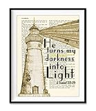 He Turns My Darkness into Light, 2 Samuel 22:29 Christian Unframed Reproduction Art Print, Lighthouse Vintage Bible Verse Scripture Gift, 8x10 inches