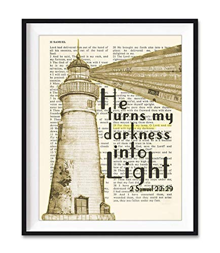 He Turns My Darkness into Light, 2 Samuel 22:29 Christian Unframed Reproduction Art Print, Lighthouse Vintage Bible Verse Scripture Gift, 8x10 inches