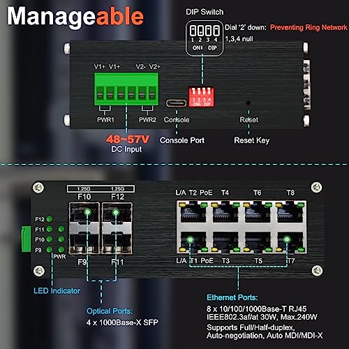 Image of Industrial 8 Ports L2 Managed Gigabit PoE Fiber Switch with 4 1000Base-X SFP Slots Layer 2+ Web Management Din Rail Network Switch 802.3at 30W Support QOS, VLAN, Ring Network, IGMP 48-57V DC Input