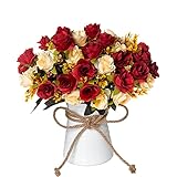 INXUGAO Artificial Rose Flower in Vase,Ceramics Vase with Silk Flower Arrangements Table Centerpieces Wedding Bouquets for Office Meeting Room Home Décor Decoration (Red)