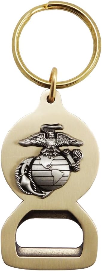 U.S. Marine Corps solid brass key tag bottle opener with solid pewter EGA or Bulldog emblem. Made in U.S.A. (Pewter EGA)