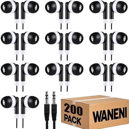 Waneni Wholesale Bulk Earbuds Headphones 200 Pack Class Set for School Classroom Students Kids Children Toddler Boys Girls Teen Adults(Black,200 Pack)