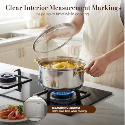 Image of Stainless Steel Cookware Set, Tri-Ply Pots and Pans Set, 20 Piece Kitchen Cooking Utensils Set with Lids, Gold Grip Handles, Induction, Oven, Non-Toxic, Dishwasher Safe, Professional Chef Quality