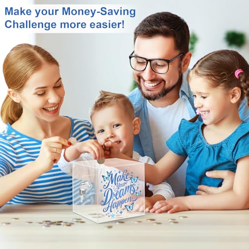 Honeydak Make Your Dreams Happen Fund Clear Piggy Bank with Lock and Key Clear Acrylic Money Saving Box for Cash Coins Real Money(5.9inch) by Honeydak - Image 3