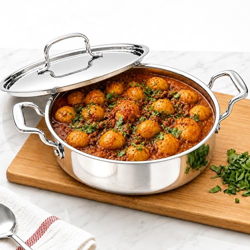 Image of SOLARA Triply Stainless Steel Short Casserole with SS Lid, 32 cm, Tri-Ply Heavy Bottom Cooking Pot with Cast Steel Handles, Induction & Gas Compatible