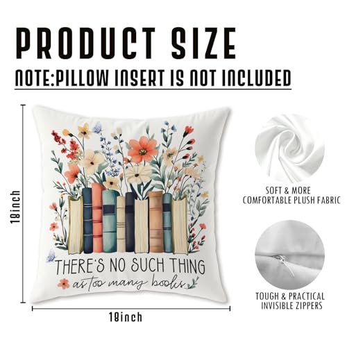 Image of Floral Book Pillow Covers 18x18, Reading Corner Nook Room Decor, Book Lover Gifts, There's No Such Thing As Too Many Books Decorative Throw Pillow Covers for Bedroom Home Library