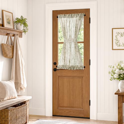 Image of jinchan Alice Floral French Door Curtain Farmhouse Linen for Sliding Glass Door 40 Inches 1 Panel with Tieback Light Filtering Curtain for Window Patio Rod Pocket Green on Linen