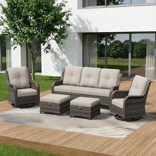 Image of 5 Piece Outdoor Wicker Patio Furniture Set, Outdoor Swivel Rocker Patio Chairs Set with Thickened Olefin Cushions, High Back and Deep Seating, Hand-Woven PE Rattan for Porch, Deck