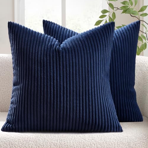 MIULEE Winter Pack of 2 Corduroy Soft Soild Decorative Square Throw Pillow Covers Cushion Cases Pillow Cases for Couch Sofa Bedroom Car 18 x 18 Inch 45 x 45 cm Dark Blue
