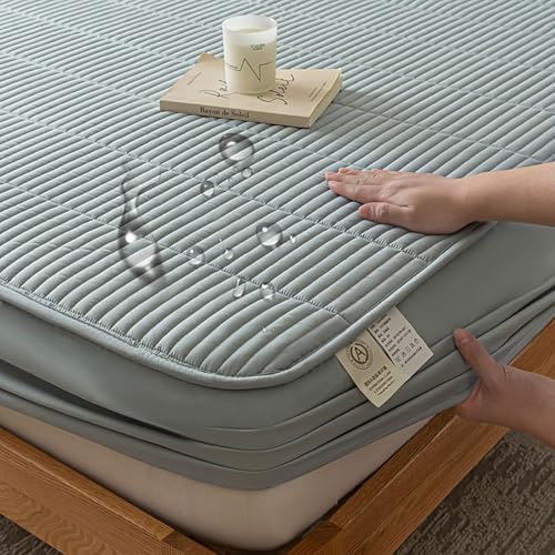 Lirzxin Sábana bajera ajustable de 200 x 220 cm, sábana bajera ajustable para cama doble de poliéster y algodón monocolor, estructura a rayas, altura del colchón hasta 28 cm, sábana bajera ajustable y