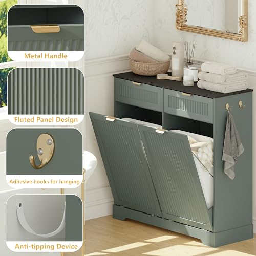 Image of Double 13 Gallon Tilt Out Trash Can Cabinet,Garbage Cabinet with Drawer | Hidden Garbage Storage with Fluted Design, Drawer & Hooks for Kitchen, Dining Room and Small Space Organization,Green