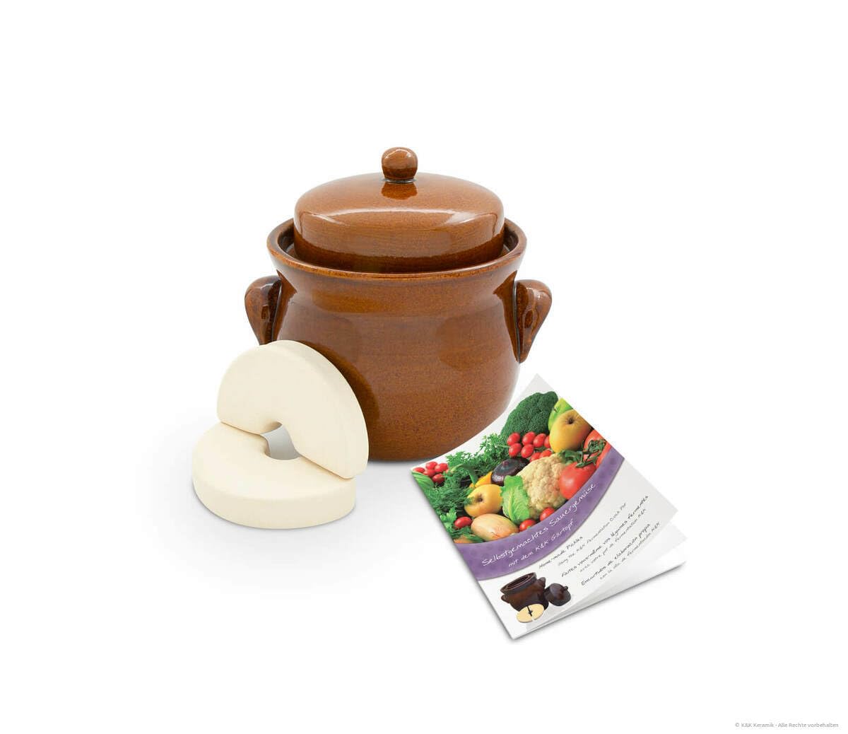 Original Kerazo - Frasco de fermentación de cerámica con Tapa y Piedra (2,0 L) Chucrut, Recipiente de fermentación