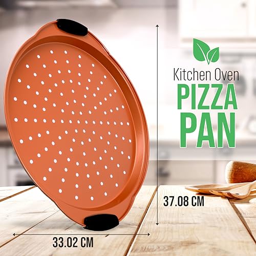 Nutrichef Non-Stick Pizza Tray for Oven, 33cm Round Carbon Steel Baking Trays with Perforated Holes, Silicone Handles, Dishwasher Safe, Pizza Stone Alternative, Copper - Image 3