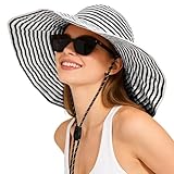 Sun Hats for Women Wide Brim Floppy Packable Summer Beach Bucket Hat Caps UV Protection Outdoor Travel Black White Stripe