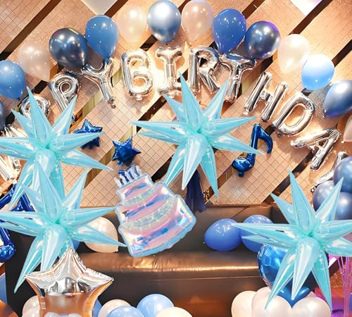 Image of 50pcs Iridescent Blue 26' Water Drop Foil Cone Mylar Balloons Holographic Blue Star Balloons Explosion Star for Girls Boys Birthday Party Wedding Baby Shower Party Decor
