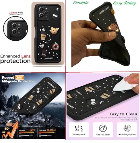 Image of Bintage Cute Fun Ball | Taddy Cartoon 3D Smiley Coffee Cup | Milk Donut | Full Camera Protection Back Cover Compatible for Mi REDMI 12 4G - Black